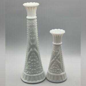 Westmoreland Old Quilt Milk Glass Bud Vase Set 9” & 6” Scalloped Pair
